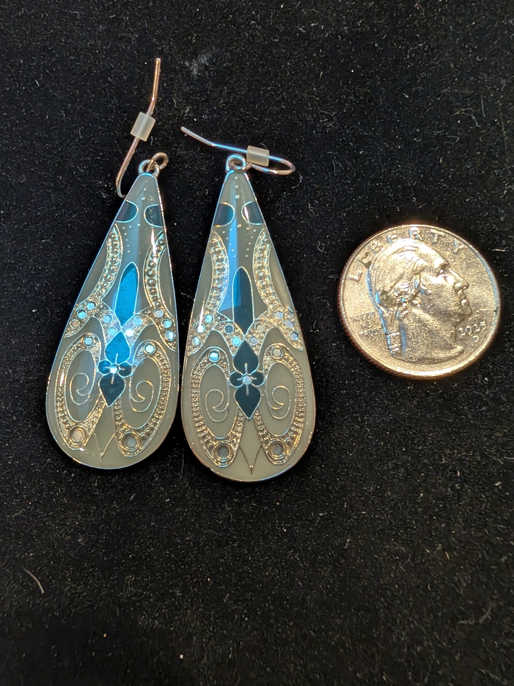 Blue Teardrop Dangle Earrings with Gold Filigree Accents
